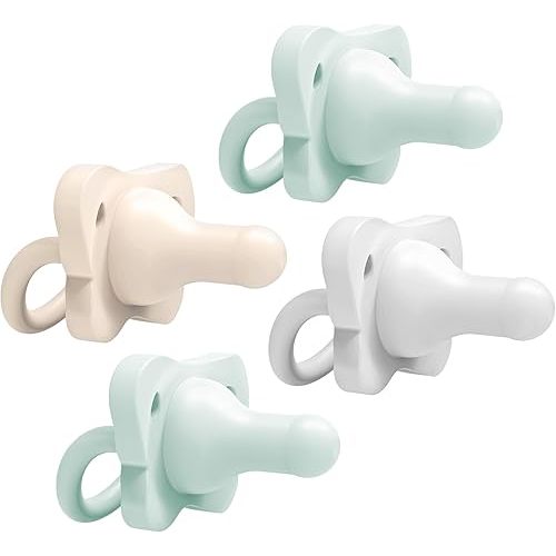 Dr. Brown's HappyPaci 100% Silicone Baby Pacifier, Contoured One-Piece Design, Gray, Green, Ecru, 0-6m, BPA-Free, 4-Pack