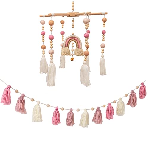 Baby Mobile for Crib- HBM Rainbow Baby Crib Mobile Boho Celling Mobile,Nursery Decor Baby Shower Gift for Boys & Girls (Pink)