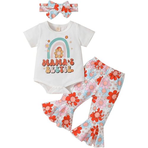 MINKIDFASHION Baby Girls 0-18 Months Flower Rainbow Romper and Flared Pants Outfit Clothing Sets - 0-3M - Pink