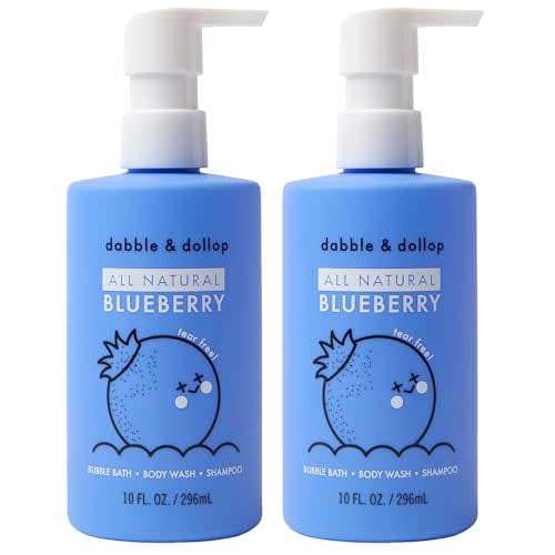 Dabble & Dollop Blueberry Kids 3-in-1 Body Wash, Shampoo & Bubble Bath – Tear-Free, Gentle, Natural-Origin, Hypoallergenic and Safe for Sensitive Skin (10 fl oz, Pack of 2)
