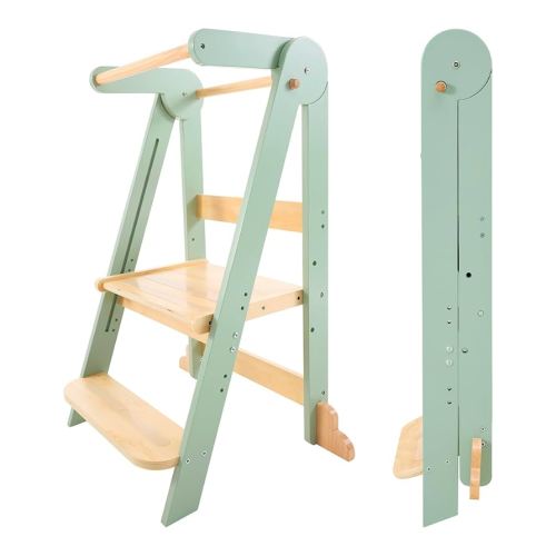 Nordi Foldable Toddler Kitchen Tower, Montessori Kitchen Stools Helper, Standing Tower with 3 Adjustable Heights, Suitable Age for 2-6 Years, Green