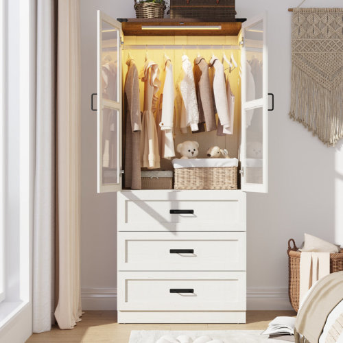 Wrought Studio™ Farmhouse 75"H Glass Door Armoire Wardrobe Closet With LED Light, Freestanding Closet Wardrobe Cabinet For Bedroom With Hanging Rod And 3 Drawers | Wayfair