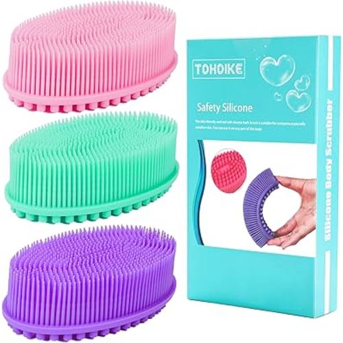 Silicone Body Scrubber Loofah - Set of 3 Soft Exfoliating Body Bath Shower Scrubber Loofah Brush for Sensitive Kids Women Men All Kinds of Skin(Purple/Green/Pink)