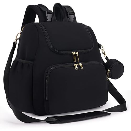 Neoprene Diaper Bag Backpack with Changing Pad, Newborn Baby Maternity Bags with Stowable Shoulder Strap Convertible Travel Tote with Pacifier Case & Insulated Pockets (Black)