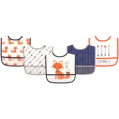 Hudson Baby Infant Boy Waterproof PEVA Bibs 5pk, Fox, One Size - Fox - One Size