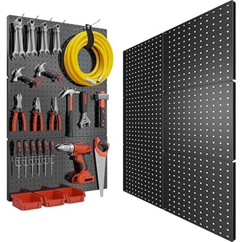 Peg Board, 6PCS Metal Pegboard, Heavy Duty Pegboard Wall Organizer with Frame. Black Pegboard for Walls, Garage, Workbench, Craft Room Tool Organization, Metal Pegboard Panels 12in*12in