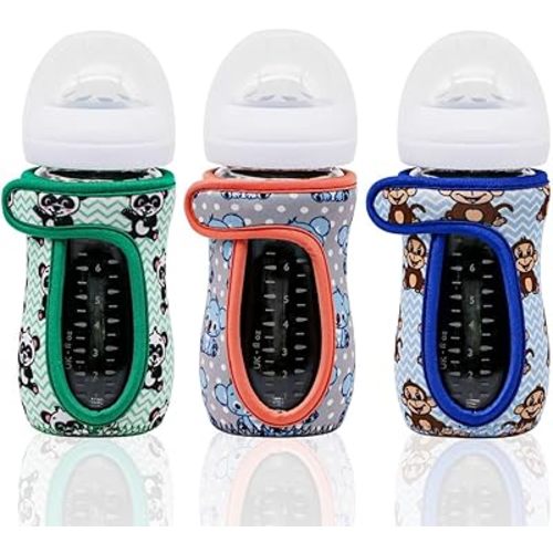 Glass Baby Bottle Sleeve Covers for 8 oz Philips Avent | Adjustable Sleeves | Heat and Cold Retention | Neoprene - Panda, Koala, Monkey | Non Slip Grip | Set of 3 (Panda, Koala, Monkey)