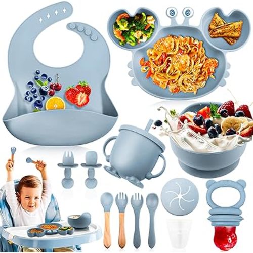 15 Pcs Baby Led Weaning Feeding Supplies for Toddlers, Fruit Pacifier, 3 Sets of Spoons and Forks, Bibs, Silicone Baby Feeding Set - Baby Bowls and Plates with Suction, Sippy Cup, Bib (Blue Grey)