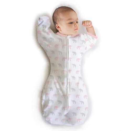 Amazing Baby Transitional Swaddle Sack, Arms Up Half-Length Sleeves & Mitten Cuffs, Swaddle for Newborn Transition to Baby Sleep Sack Wearable Blanket, Small, 0-3 month, 6-14 lb, Pink Tiny Elephants