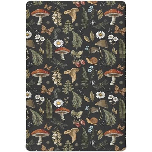 Fitted Crib Sheets Vintage Mushroom Forest Plant Stretchy Portable Playard Sheets for Baby Toddler, Breathable Soft Mini Crib Mattress 39 x 27 in for Boys and Girls