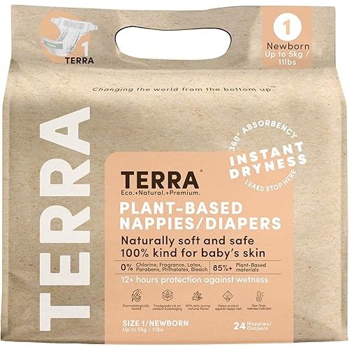 Terra Size 1 Newborn Diapers: 85% Plant-Based Diapers, Ultra-Soft & Chemical-Free for Sensitive Skin, Superior Absorbency for Day or Nighttime Diapers, Designed for Newborns up to 11 Pounds, 24 Count