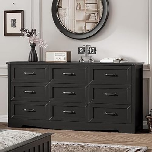 Dresser for Bedroom with 9 Drawers, 59" Wide Modern Chest of Drawers with Deep Drawers & Mental Handle, Wood Dresser TV Stand, Wooden Closet Storage Organizer for Living Room, Hallway, Entryway, Black
