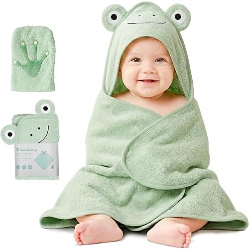 CuddleBug Premium 100% Cotton Hooded Baby Bath Towel & Washcloth Set (Frog) | Sage Green