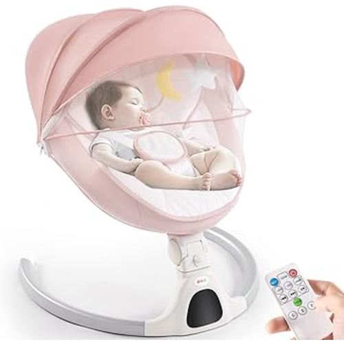 Jaoul Baby Swings for Infants, Electric Portable Baby Swing for Newborn Baby, Bluetooth Touch Screen/Remote Control Timing Function 5 Swing Speeds 3 Seat Positions Baby Bouncer for Boy Girl Pink