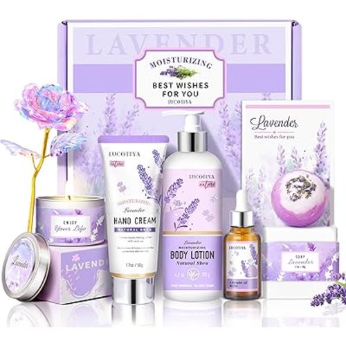 LUCOTIYA Lavender Spa Gift Set for Her,Hand Cream,Lavender Essential Oil,Body Butter ,Lavender Scented Candle,Bath Bombs,Soap