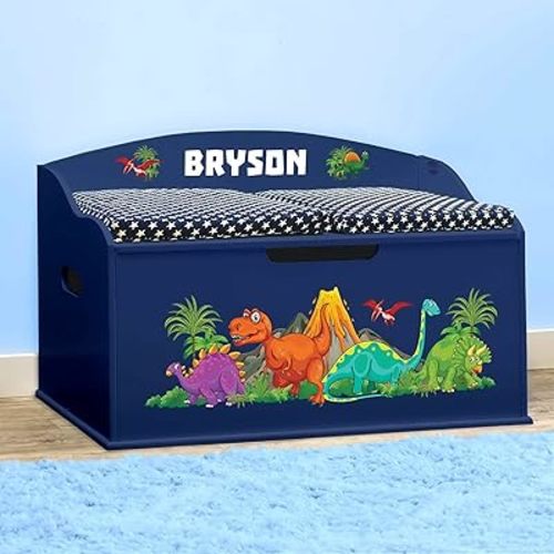 DIBSIES Personalized Creative Wonders Toy Box, Dinosaurs, 30 x 19.25 x 18 inches, Soft-Close Lid (Blue)