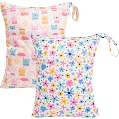 ALVABABY 2pcs Cloth Diaper Wet Dry Bags Waterproof Reusable with Two Zippered Pockets Travel Beach Pool Daycare Soiled Baby Items Yoga Gym Bag for Swimsuits or Wet Clothes LX-YX106107