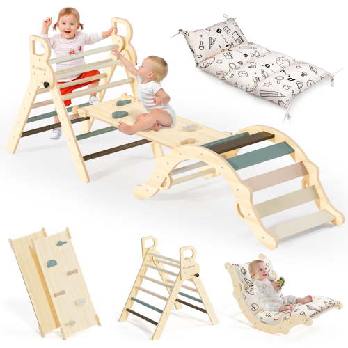 BlueWood 8-in-1 Foldable Wooden Climbing Pikler Triangle Set for Kids - Montessori Indoor Jungle Gym Set - Slide, Arch, Ladder & Cushion - Ages 1-6