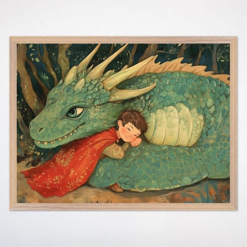 Dragon Nursery Wall Art, Boy Sleeping with Gentle Dragon Framed Poster, Whimsical Fantasy Kids Room Decor