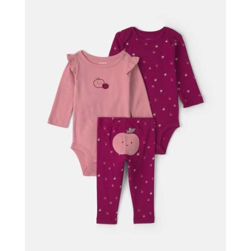 Baby Girl 3-Piece Apple Long-Sleeve Bodysuit & Pant Set - Burgundy/Pink | Carter's