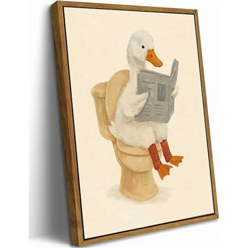 Floating Framed Funny Bathroom Goose Canvas Wall Art Cute Duck Painting Picture Wall Decor Reading Newspaper Goose Poster Print Artwork for Washroom Bathroom Restroom Home Decoration 8x10in