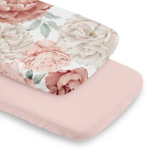 Sweet Jojo Designs Girl Baby Bassinet Fitted Sheets Set Peony Floral Garden Pink Ivory and Green 2pc