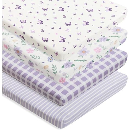 4 Pack Butterfly Baby Crib Sheets for Baby Girls Purple Crib Fitted Sheets for Standard Size Crib and Toddler Mattress Soft and Breathable (Crib)