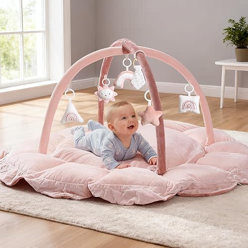 Mallify 5-in-1 Thick Plush Baby Play Gym Mat, Tummy Time Mat with 6 Sensory Toys, Baby Play Mat, Convertible Baby Gym for Stage-Based Development from Babies to Toddlers, Baby Essentials Gift, Pink