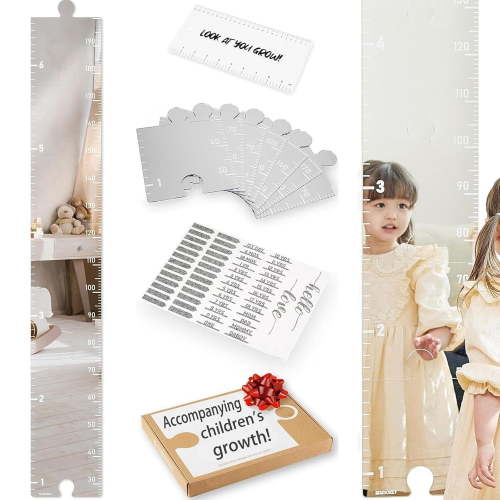 6PCS Growth Chart Mirror for Kids Height Ruler with Stickers Nursery Wall Decor Dress Up Center Shatterproof Acrylic Full Body Measurement