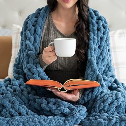 Samiah Luxe Chunky Knit Blanket Throw 50x60", Blue Chenille Chunky Knit Throw Blanket for Living Room Decor or Boho Decor, Thick Yarn Knitted Blankets for Couch or Bed, Cable Knitted Crochet Blankets