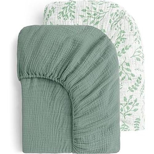 Yoofoss Muslin Crib Sheets for Boys Girls 100% Cotton Fitted Baby Crib Sheet 2 Pack Soft and Breathable for Standard Crib Mattress & Toddler Mattress 52"x28" Leaves&Green