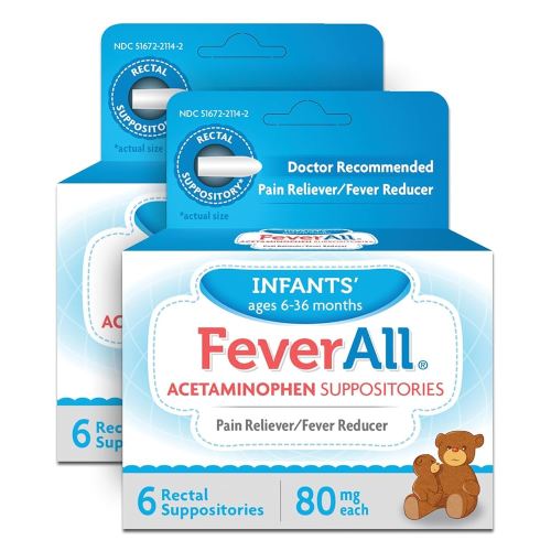Feverall Infant Acetaminophen Suppositories 6 Rectal Suppositories 80mg Each Pain Reliever/Fever Reducer. Paraben Free, No Artificial Colors or Other preservatives. Ages 6-36 Months- 2 Pack