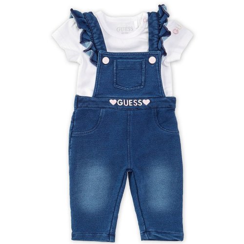 Guess Baby Girls Newborn-24 Months Ruffle-Shoulder Denim-Look Knit Overalls & Short Sleeve Solid Bodysuit Set