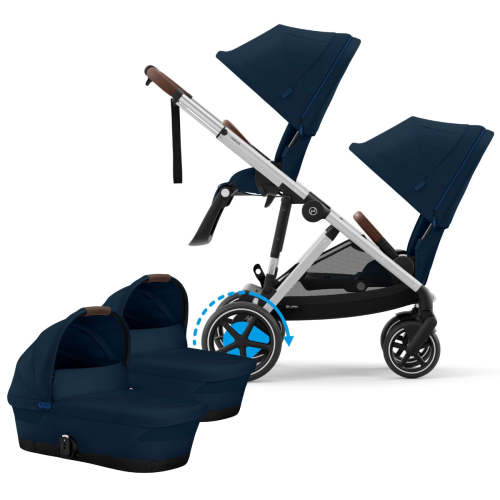 Cybex eGazelle S Electronic Assist Twin Stroller + Cot Bundle - Silver Frame / Ocean Blue