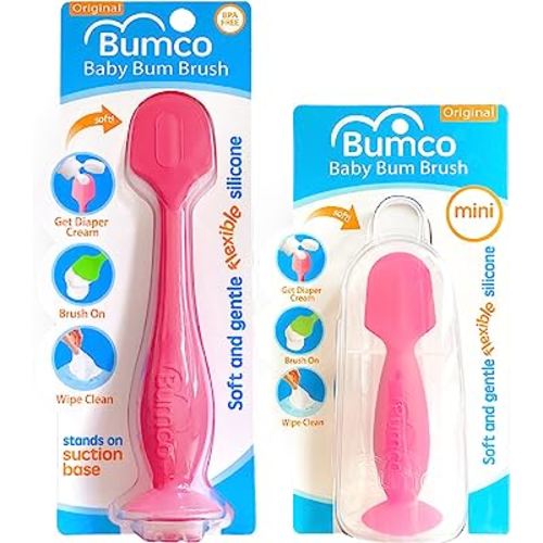 Bumco Baby Bum Brush + Mini Baby Diaper Cream Spatula with Case - BPA-Free Silicone Diaper Spatula with Suction Cup, Wipe-Clean, Mom-Invented Butt Paste Applicator (Pink & Pink)