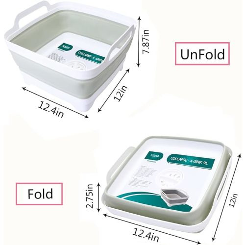 Dish Basin Collapsible with Drain Plug Carry Handles for 9 L Capacity, Collapsible Sink Tub, Dish Wash Basin, Portable Dish Tub, Foldable Dishpan for Camping Dish Washing Tub and RV Sink - Light Green