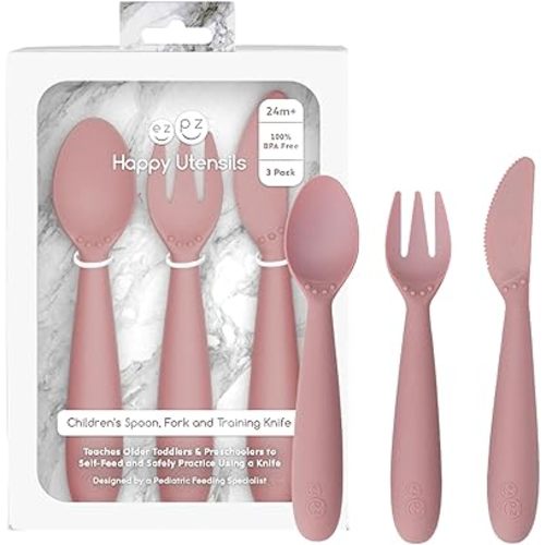 ezpz Happy Utensils - 24 Months+ (Blush) - BPA Free Toddler Utensils - Fork, Spoon and Knife for Toddlers and Preschoolers - Kids Utensils for Self-Feeding Development