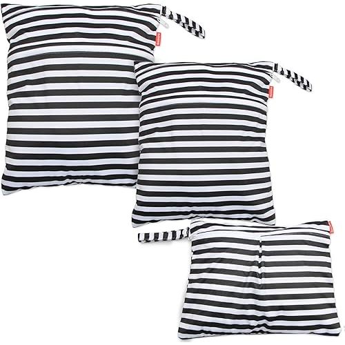 Damero 3pcs Travel Wet and Dry Bag with Handle for Cloth Diaper, Pumping Parts, Clothes, Swimsuit and More, Easy to Grab and Go, Black Strips