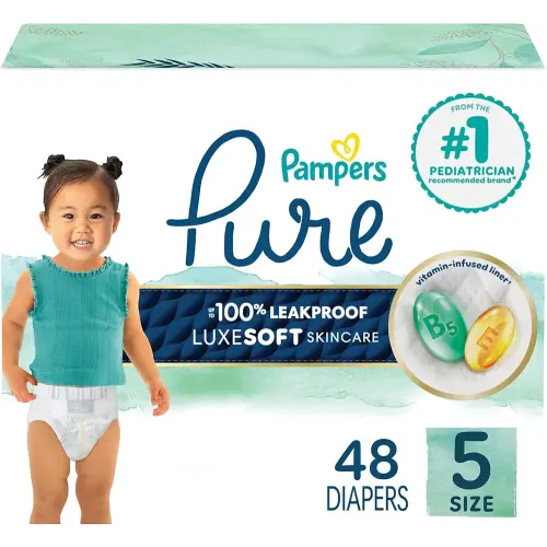 Pampers Pure Protection Baby Diapers, Size 5 (27+ lbs), 48 Count, Up to 100% Leakproof, Premium Plant-based Skin Protection, Hypoallergenic Soft Diapers