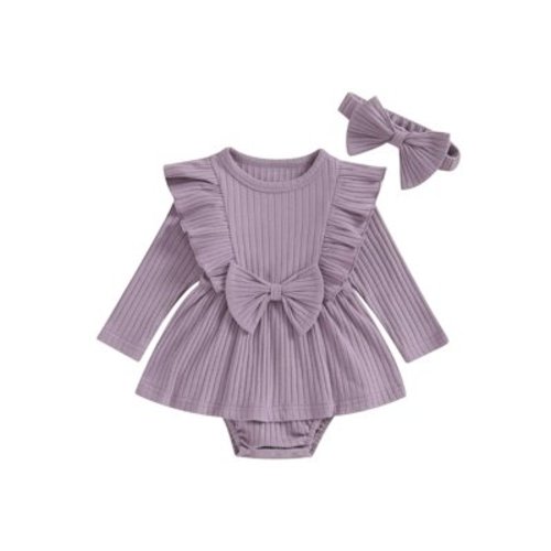 Lieserram Newborn Baby Girl Romper Dresses, 0 3 6 9 12 18 Months Long Sleeve Solid Color Crew Neck Bow A-line Skirt Bodysuit with Headband Clothes