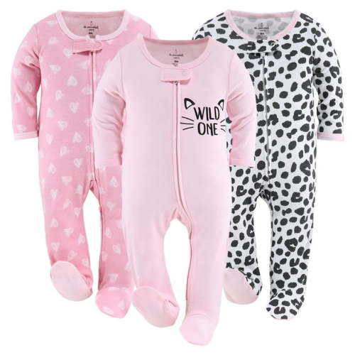 The Peanutshell Baby Sleep n Play Footed Pajamas for Girls, Pink Hearts and Animal Print, 3 Pack, Newborn to 9 Months