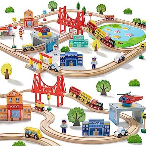Tiny Land Train Set 110pcs Wooden Train Set, Toy Train Set with Tracks & Accessories, Montessori Toys for Boys & Girls Ages 3-7, Birthday Gift Railway Set for Toddlers & Kids