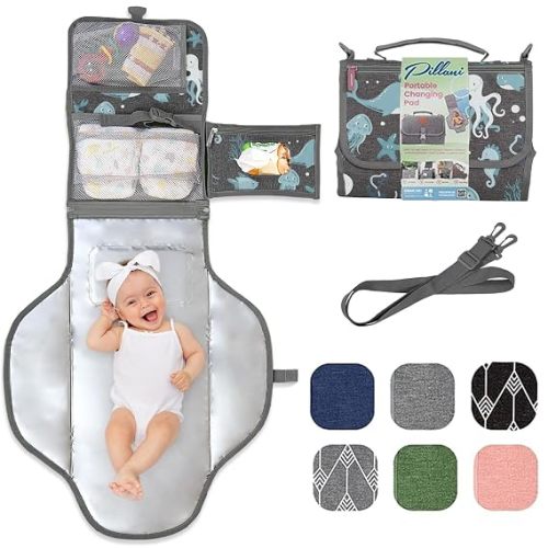 Portable Changing Pad for Baby, Travel Diaper Changing Pad for Newborn, Large Waterproof Baby Changing Mat, Foldable & Detachable Diaper Changing Station with Baby Wipes Pockets, Baby Stuff by Pillani