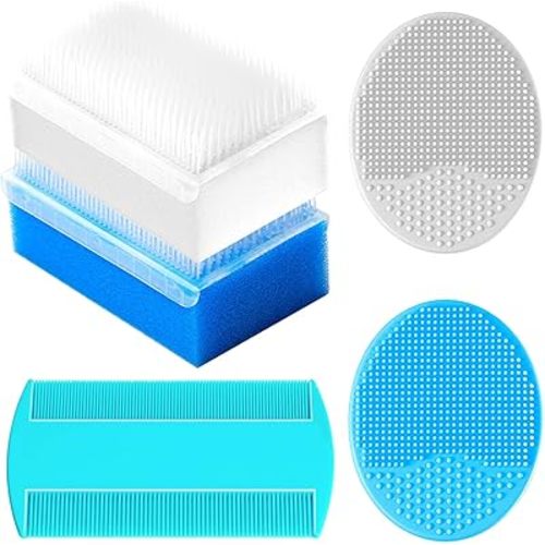 Cradle Cap Brush for Babies, Baby Bath Essentials with Silicone Scrubber Bath Sponge Dual-Sided Comb for Newborns Toddlers Boys Girls (Blue,Set of 5)