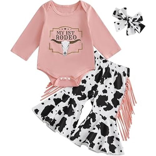 My First Rodeo Baby Girl Outfit Newborn Spring Cowgirl Western Clothes Long Sleeve Romper Bell Bottom Pants 3Pcs Set