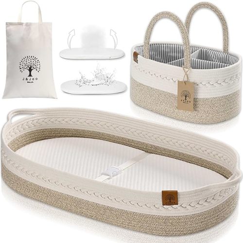 Baby Changing Basket Includes Diaper Caddy - Breathable & Waterproof Dual-Cover, Portable, Changing Pad for Dresser & Changing Table, Gift for Baby Shower, Cotton Rope Basket for Baby