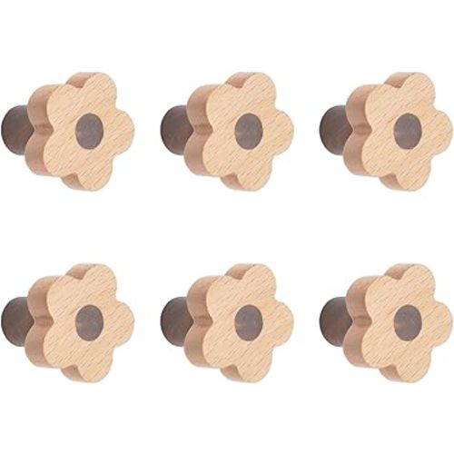MOROBOR 6pcs Flower Shaped Wooden Knobs Single Hole Beech Wood Handles Wood Cupboard Cabinet Handles Knobs for Chest of Drawers with Screws& Expansion Tube