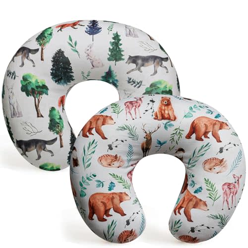 FIGEPO 2 Pack Nursing Pillow Cover Neutral Stretchy Removable Baby Nursing Covers for Breastfeeding Pillows Soft Breathable Pillow Slipcover for Newborn Baby Boy or Girl (Animal)