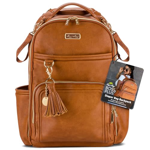 Itzy Ritzy Diaper Bag Backpack – Large Capacity Boss Plus Baby Backpack Diaper Bag Featuring 19 Pockets, Changing Pad, Stroller Clips, and Comfortable Backpack Straps, Cognac