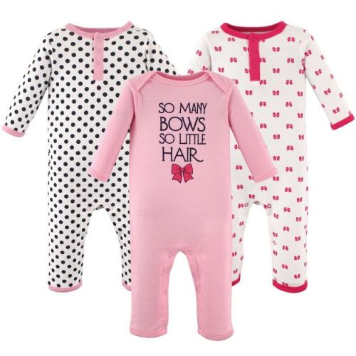 Hudson Baby Infant Girl Cotton Coveralls 3pk, So Many Bows, 0-3 Months